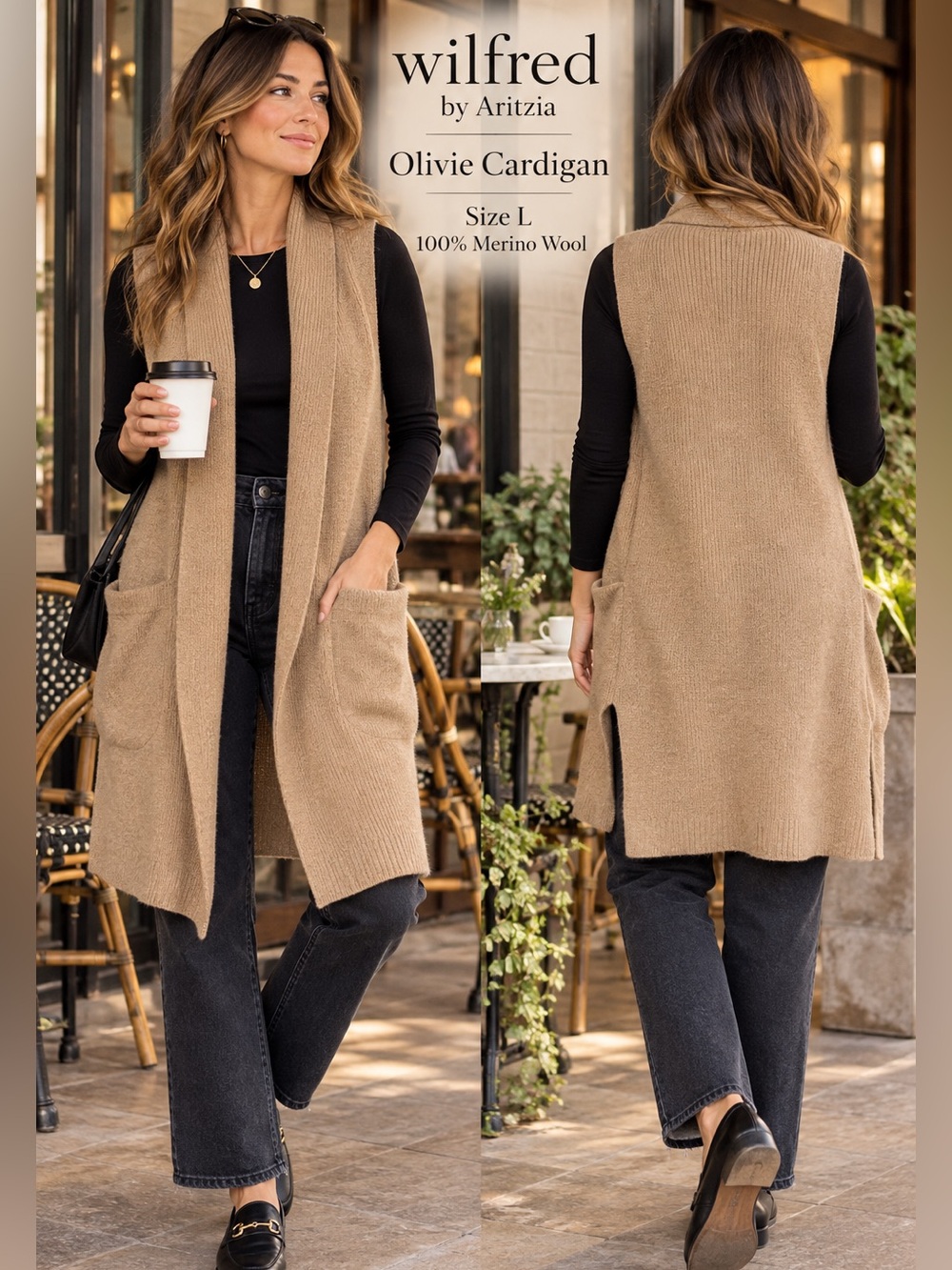Wilfred AritziaOlivie Cardigan Womens L tan 100% Merino Wool Long Vest classic